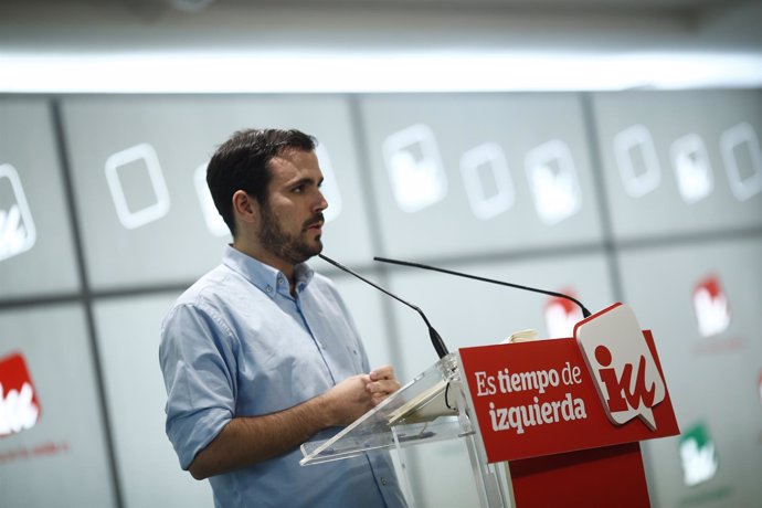 Alberto Garzón en una rueda de prensa en Madrid