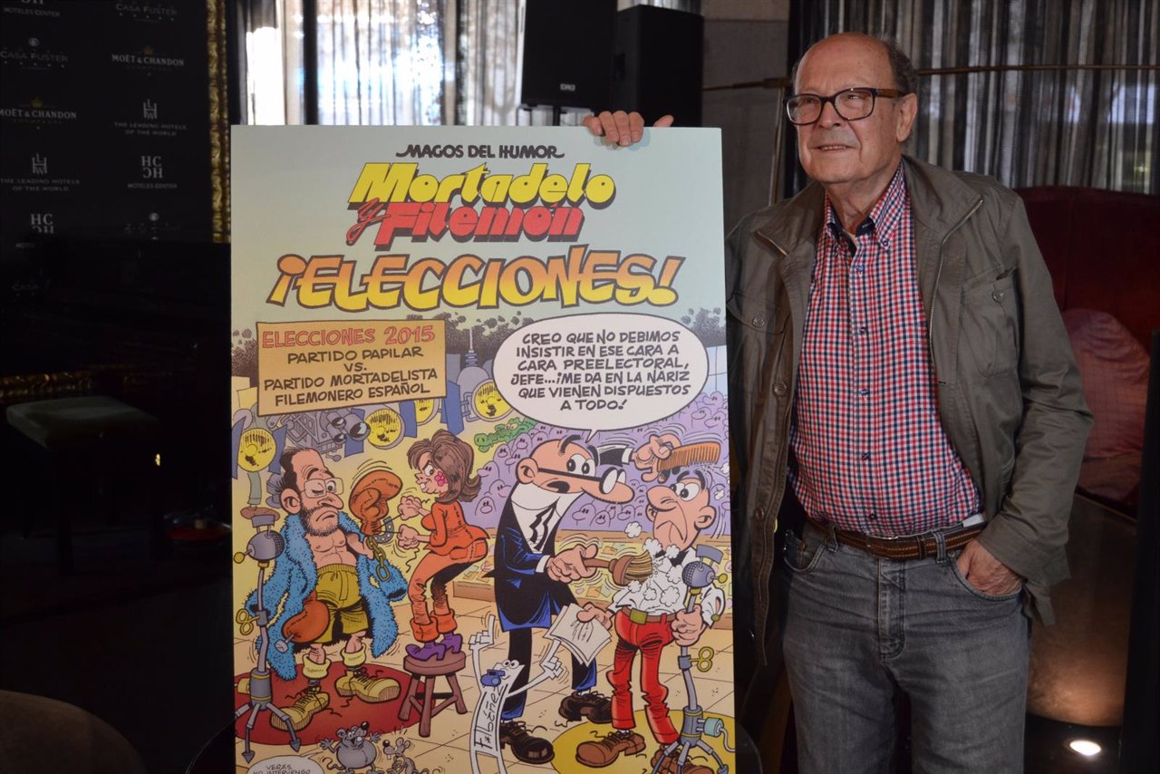 Ibáñez con la portada de la nueva entrega de Mortadelo y Filemón