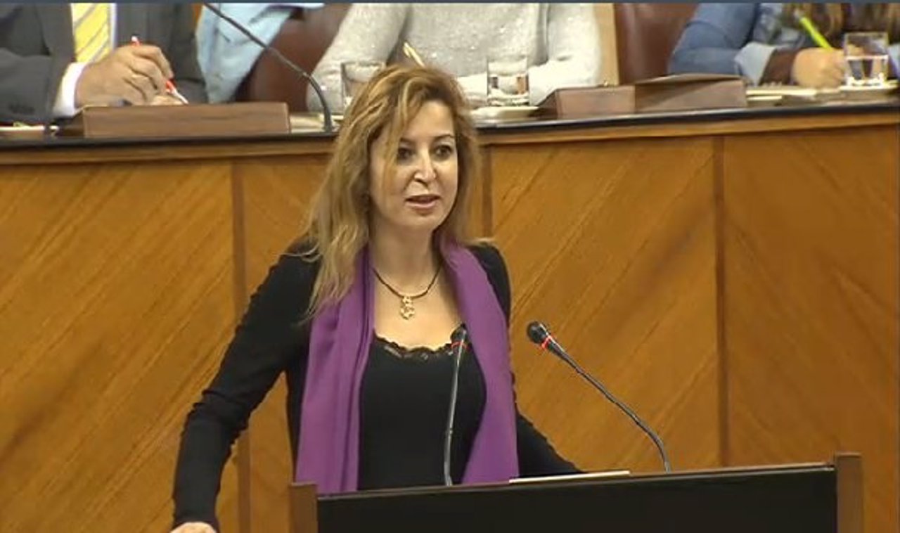 La diputada de Podemos Carmen Lizárraga ante el Pleno del Parlamento andaluz