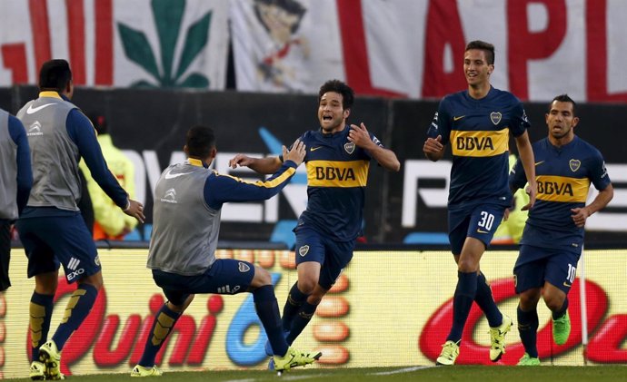 Boca Juniors' Lodeiro celebrates after he scored a goal against River Plate in t