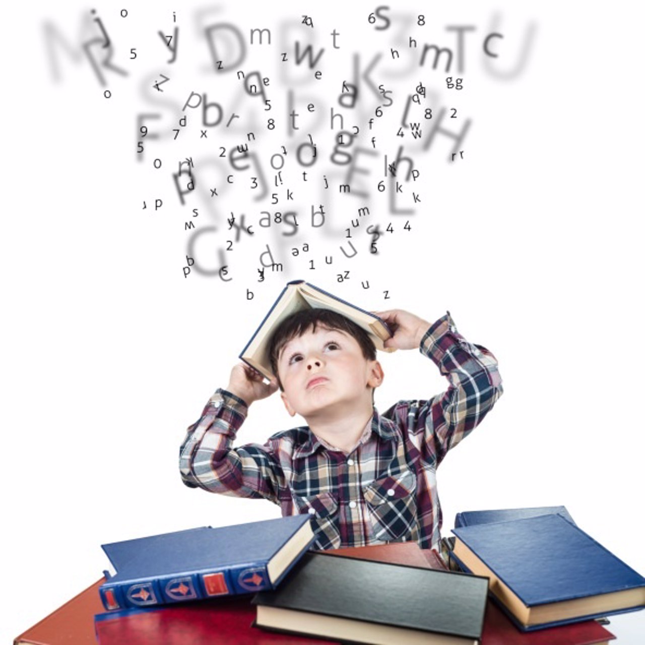 Dislexia, estudiando, letras, niño, libros