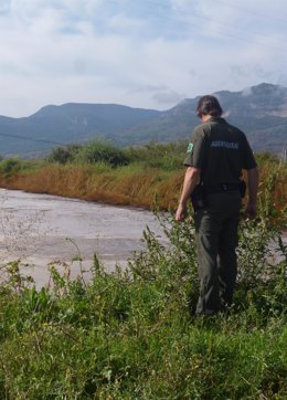 Un agente rural inspecciona un vertido de purines