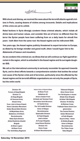 Comunicado de repulsa de 49 grupos rebeldes sirios a atentado en París 