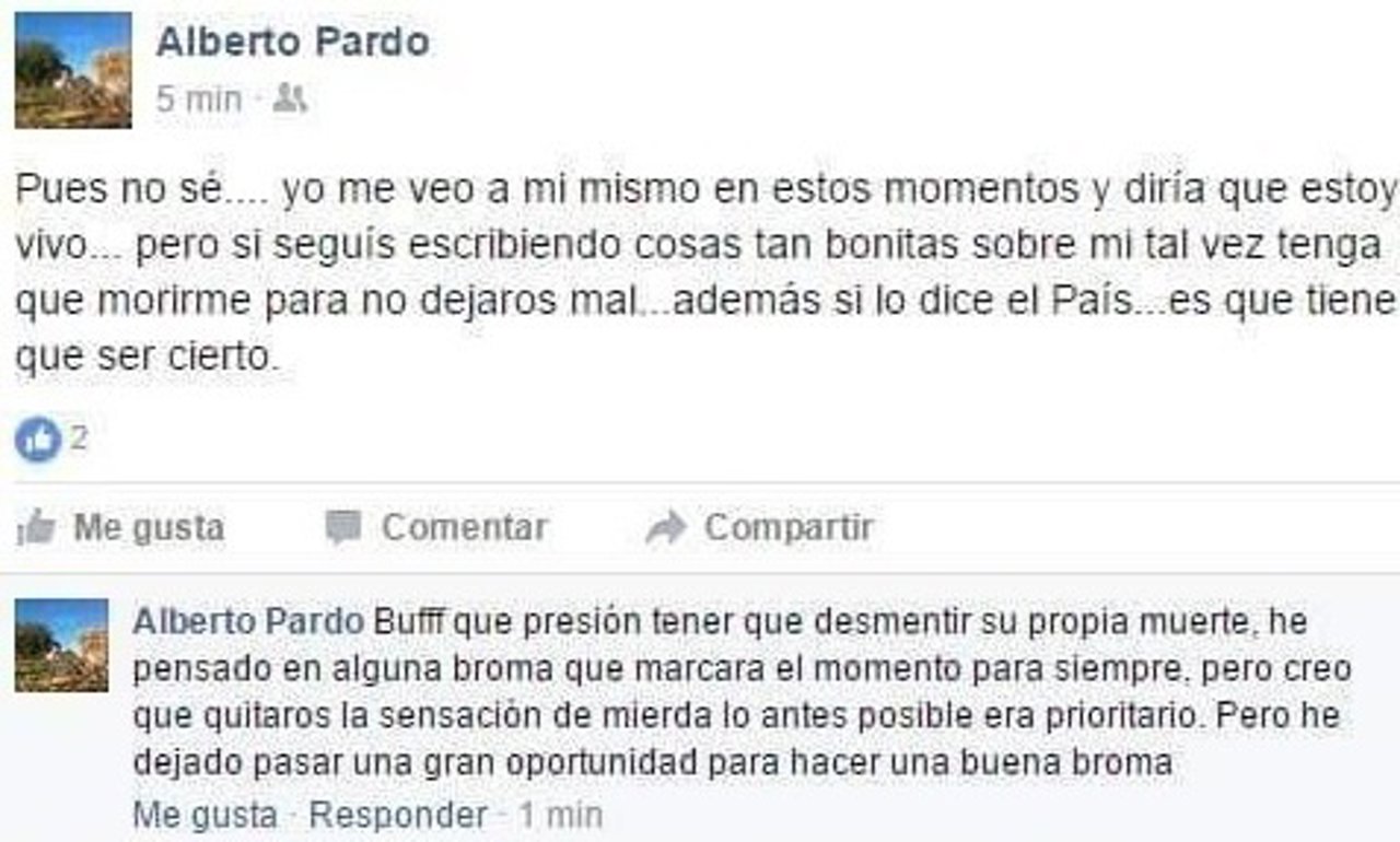 Mensaje de Alberto Pardo en Facebook desmintiendo su propia muerte en París