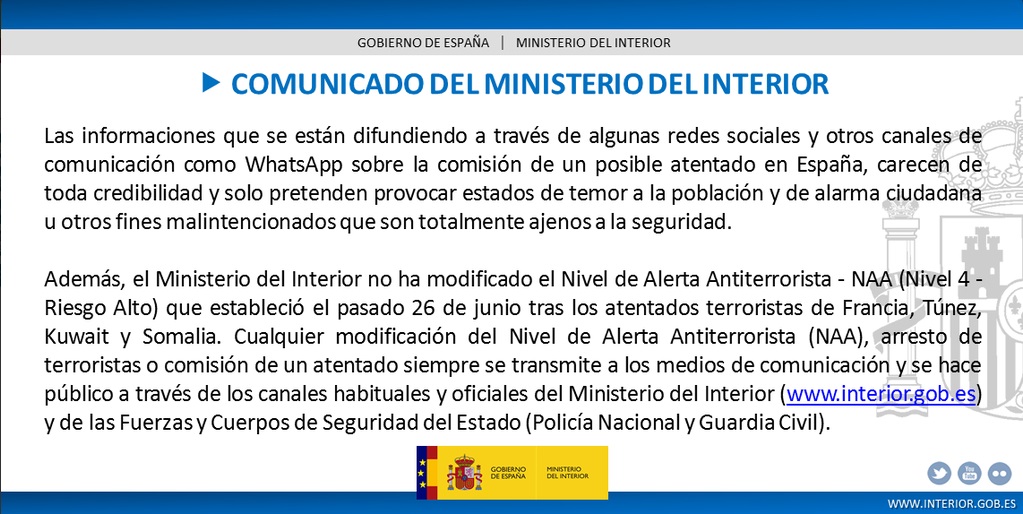 Interior no aumenta el nivel de alerta antiterrorista