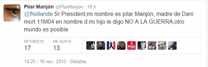 Captura del tweet de Pilar Manjón
