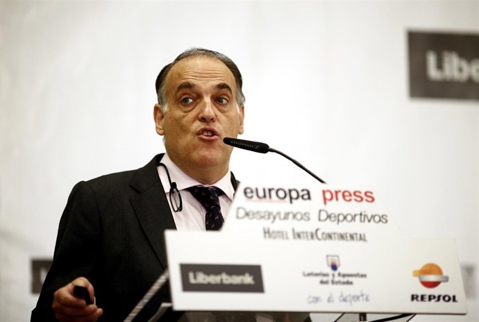Javier Tebas en un desayuno de Europa Press
