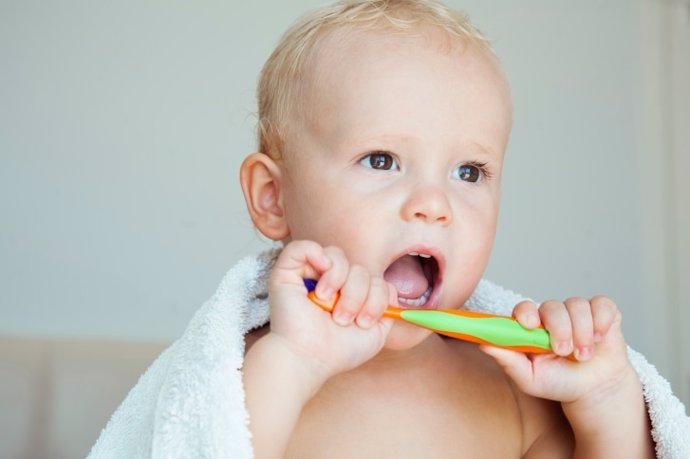Niño, higiene, bebé, dientes, cepillo, baño