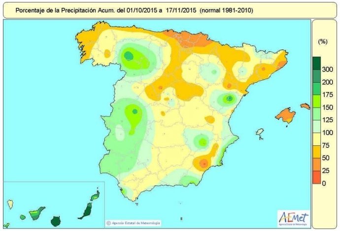 Mapa de precipitaciones acumuladas en España desde el 1 de oct. Al 17 de nov. 