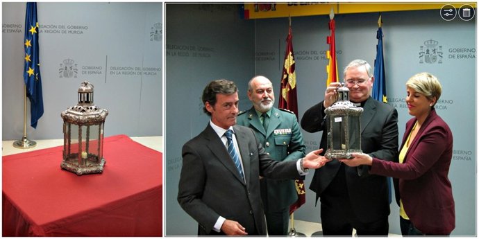 Imagen del farol recuperado y su devolución al obispo