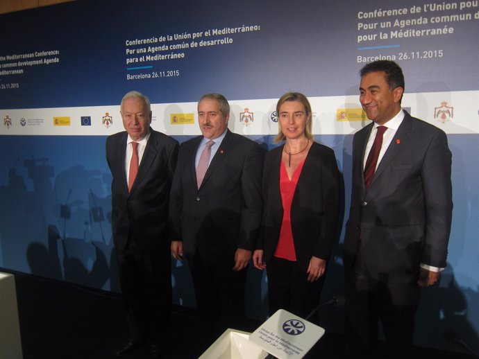 Ministros J.M.G.Margallo, N.Judeh (Jordania) F.Mogherini (UE) F.Sijilmassi (UpM)