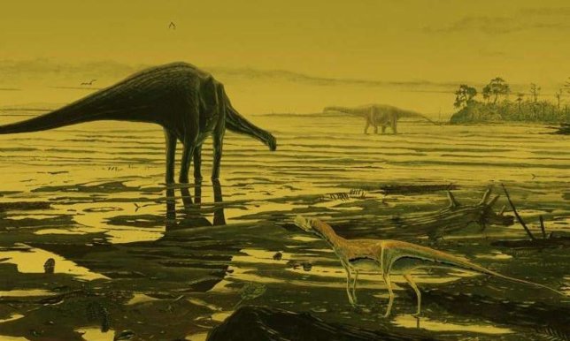 Impresión artística de dinosaurios en la isla de Skye