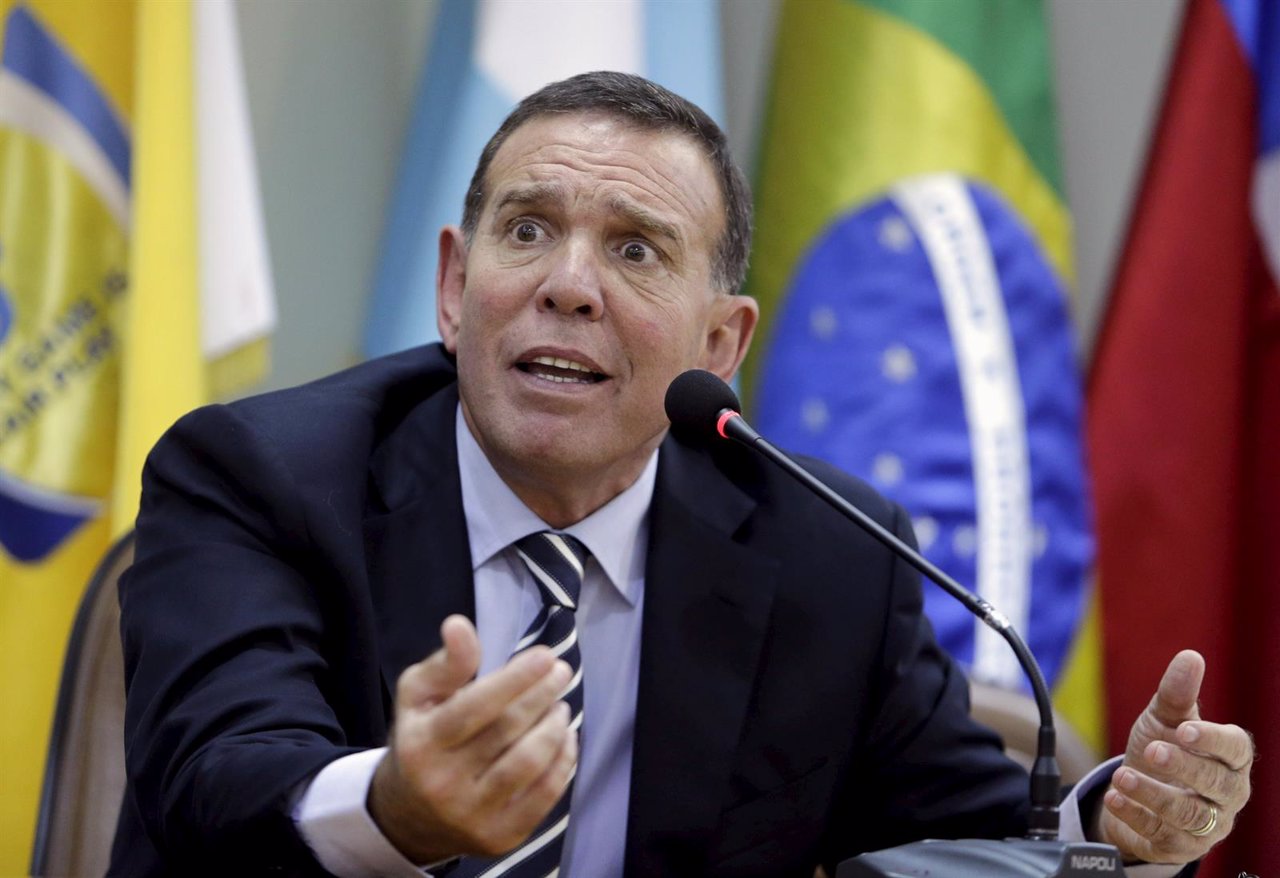 Napout speaks during a news conference at the CONMEBOL headquarters in Luque