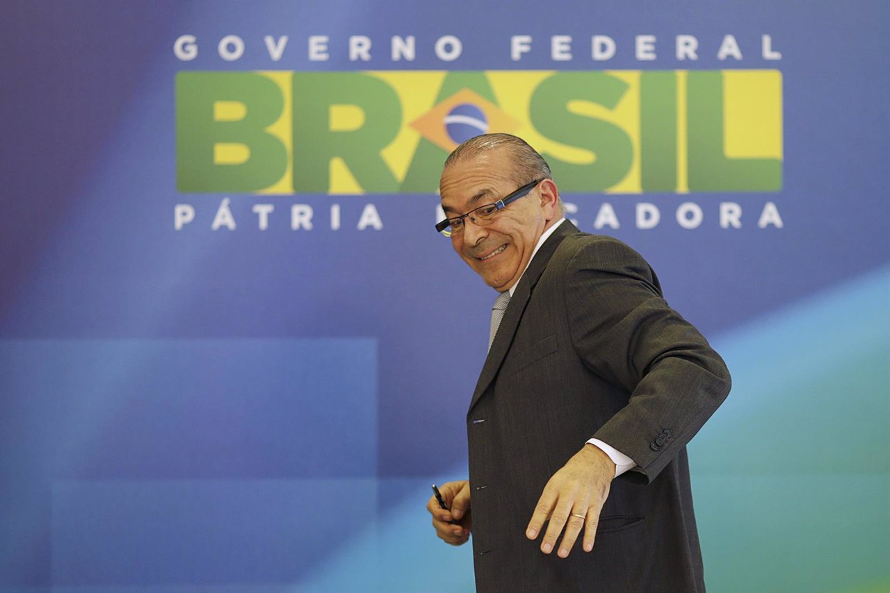 Brazil's Minister of Civil Aviation Eliseu Padilha reacts during a press confere