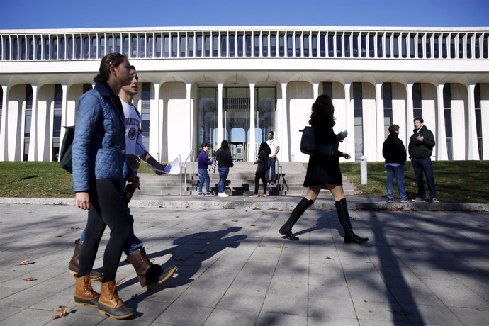 People walk past Princeton University's Woodrow Wilson School of Public and Inte