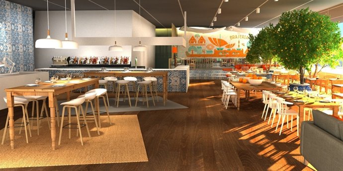 Diseño del restaurante Braseria de la planta baja del edificio