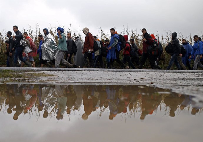 Refugiados que caminan tras pasar la frontera entre Serbia y Croacia