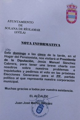 La nota colocada por el alcalde de Solana de Rioalmar