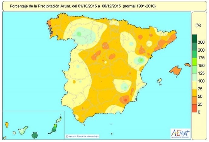 Situación de lluvias en España del 1 de octubre al 8 de diciembre