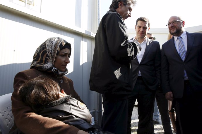 Schulz y Tsipras visitan el campamento de refugiados de Moria (Lesbos, Grecia)