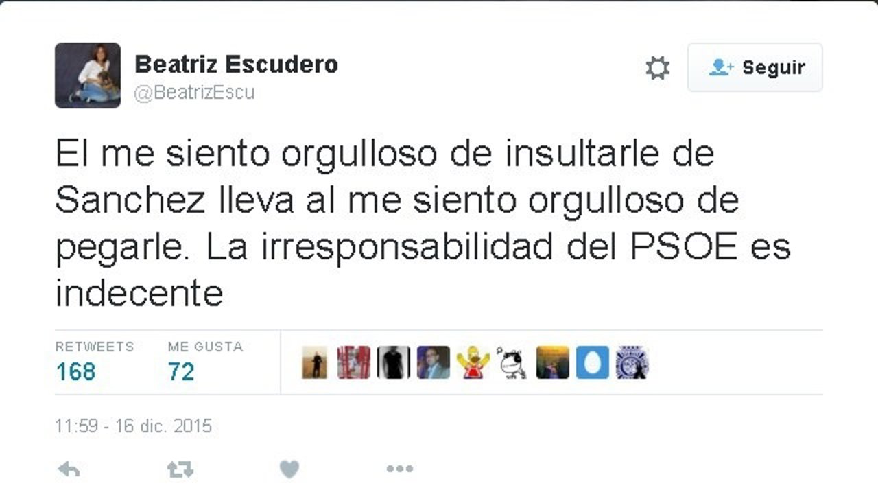 Tuit de la candidata segoviana Beatriz Escudero sobre la agresión a Rajoy