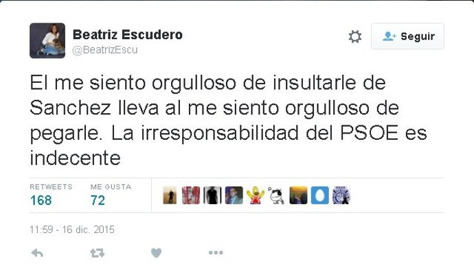 Tuit de la candidata segoviana Beatriz Escudero sobre la agresión a Rajoy