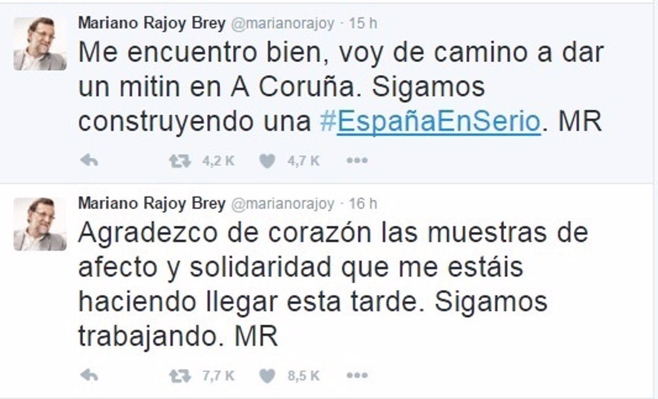 Tuits de Mariano Rajoy tras la agresión sufrida por el presidente en Pontevedra