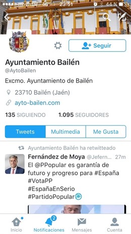 Captura del retuit en el perfil del Ayuntamiento de Bailén.
