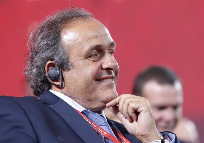 UEFA President Platini smiles before the preliminary draw for the 2018 FIFA Worl