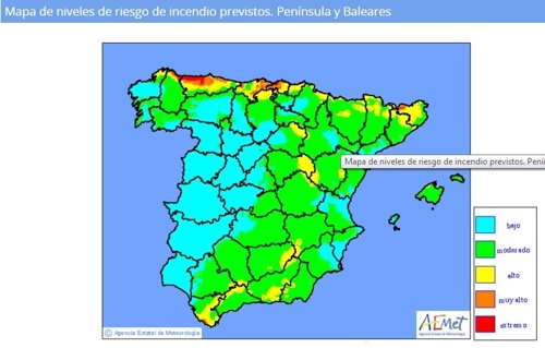 Mapa de riesgo de incendios forestales para el 22 de diciembre