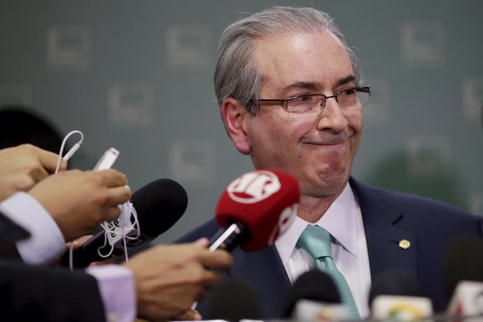 President of Brazil's Chamber of Deputies Cunha speaks during a news conference 