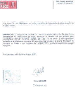 Escrito de Pilar Cancela remitido a Manuel Martínez