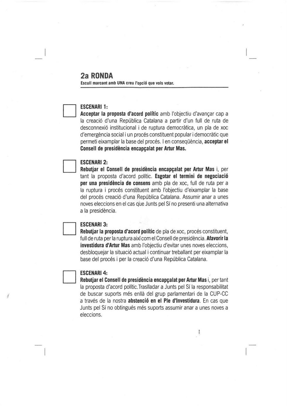 Papeleta de la Asamblea de la CUP para votar un acuerdo con JxSí