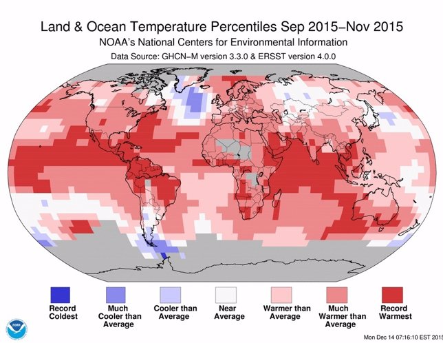 Anomalía de temperaturas entre septiembre y noviembre de 2015