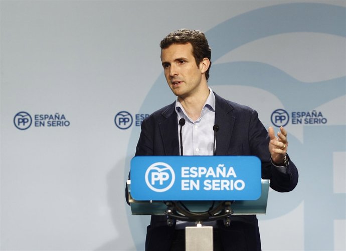 Pablo Casado en la sede del PP