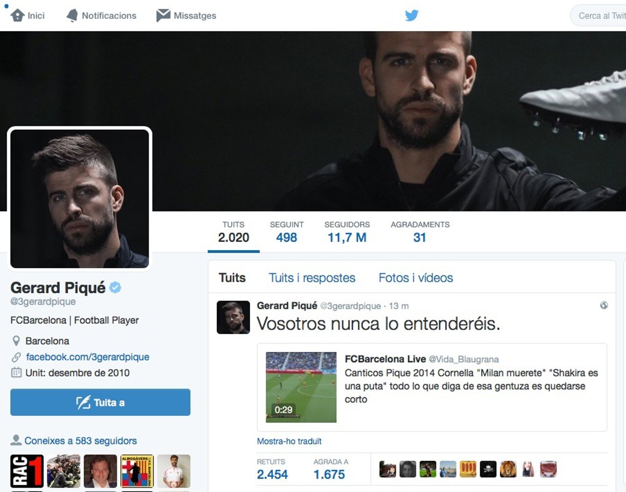 Piqué En Twitter (FOTO: Captura De Su Twitter)