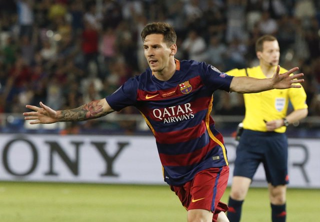 Barcelona's Lionel Messi celebrates his goal against Sevilla during their UEFA S