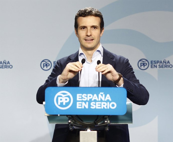 Pablo Casado en la sede del PP
