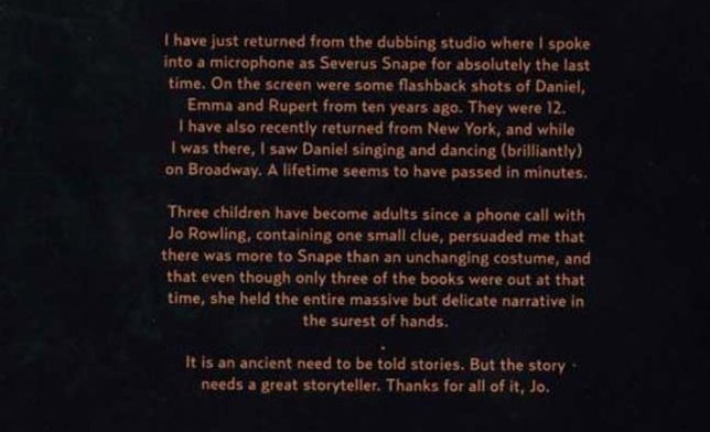 La conmovedora carta de despedida de Alan Rickman para el rodaje de Harry Potter