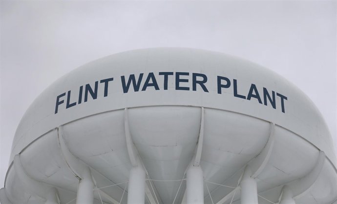 The top of a water tower at the Flint Water Plant is seen in Flint, Michigan