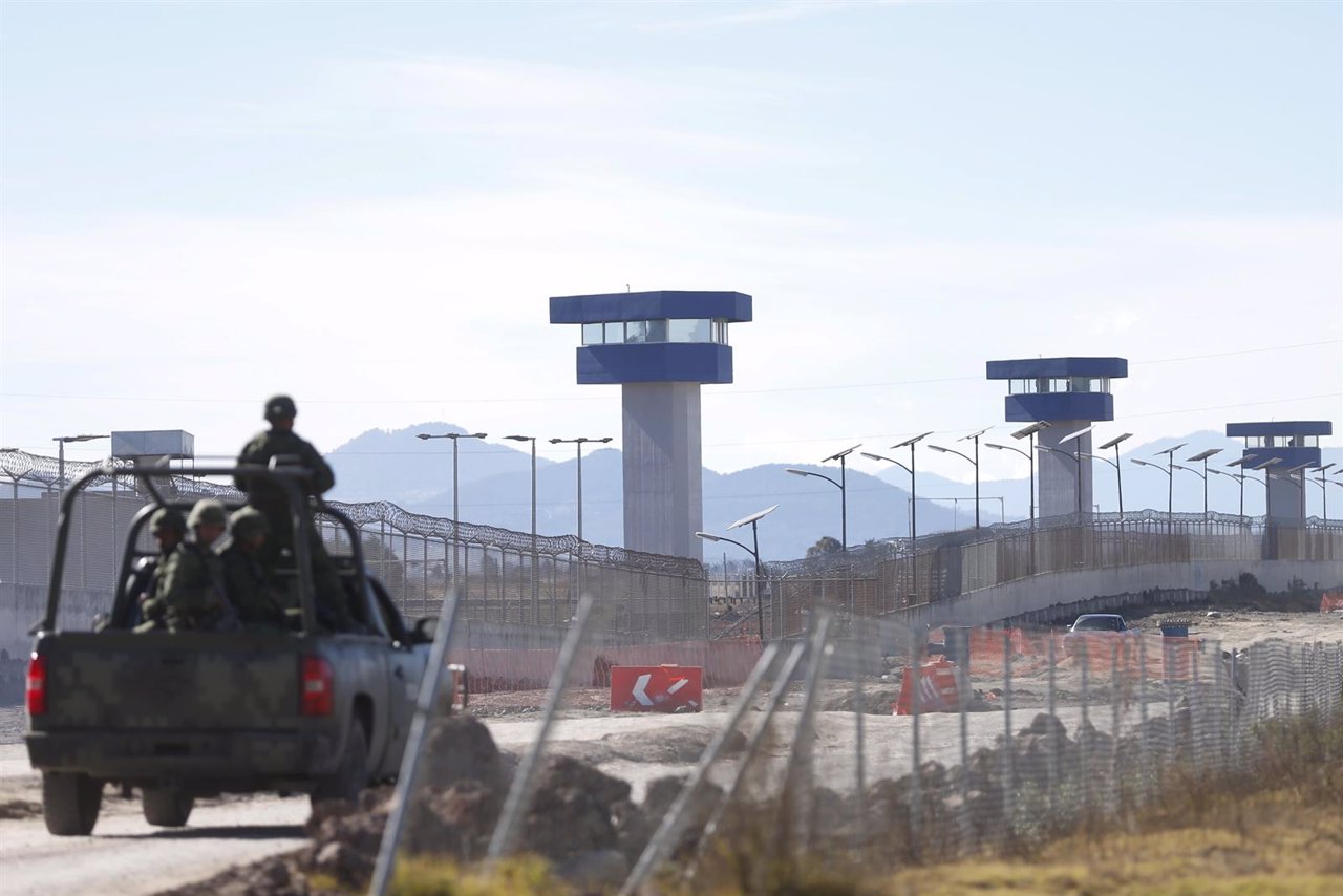 Soldiers patrol the perimeter of the Altiplano Federal Penitentiary, where drug 