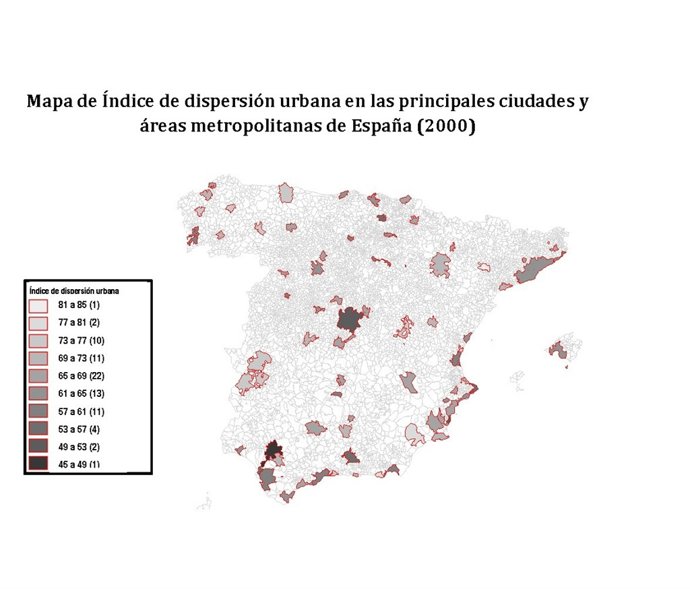 Mapa del índice de dispersión urbana en España. 
