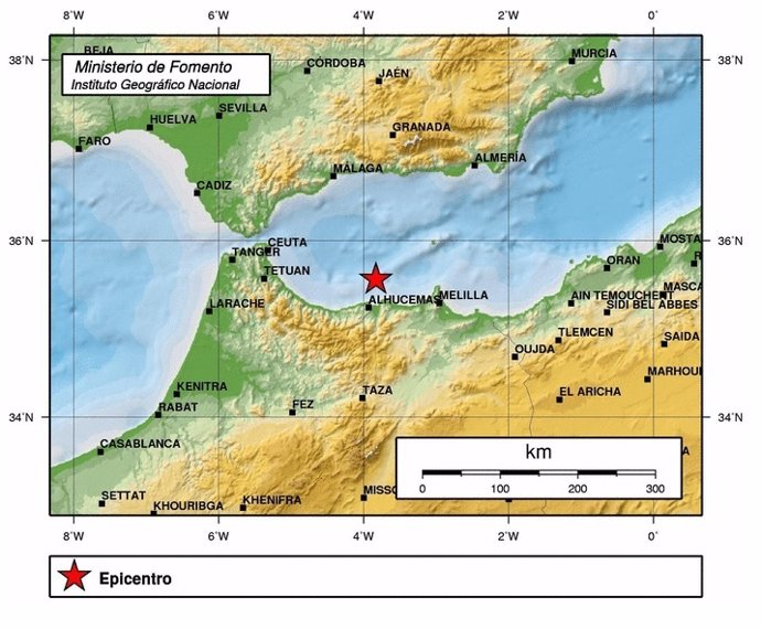 Epicentro del seísmo de magnitud 4,9 en el Mar de Alborán, cerca de Melilla