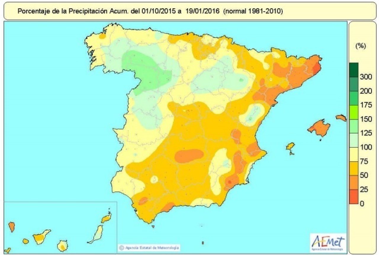 Balance de precipitaciones acumuladas en España hasta el 19 de enero