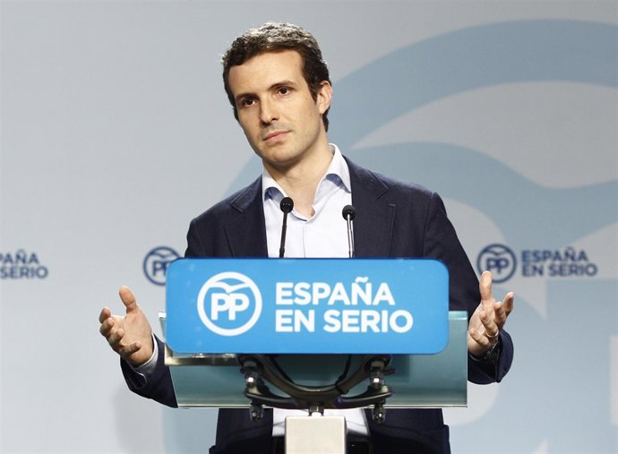 Pablo Casado en la sede del PP
