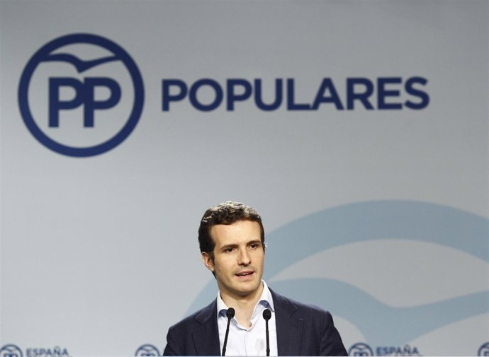 Pablo Casado en la sede del PP