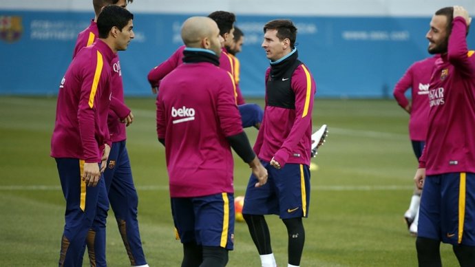 Luis Suárez y Leo Messi en un entrenamiento del FC Barcelona