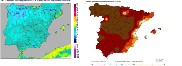 Temperaturas máximas del martes y anomalía térmica del domingo