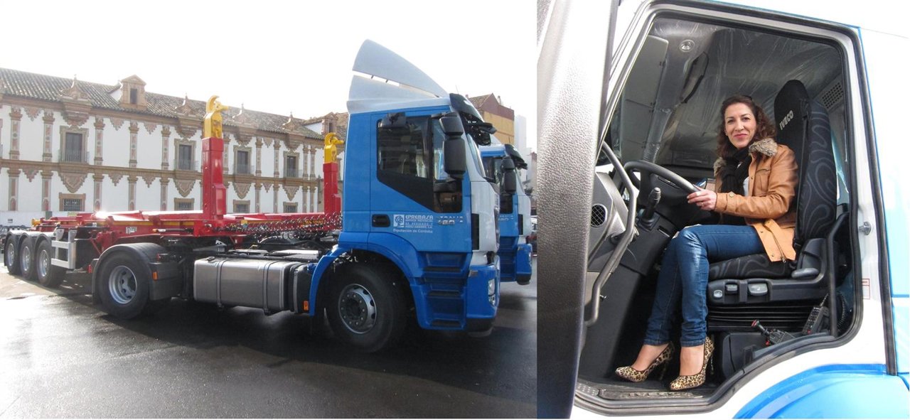 Los camiones y Auxiliadora Pozuelo en la cabina de uno de ellos