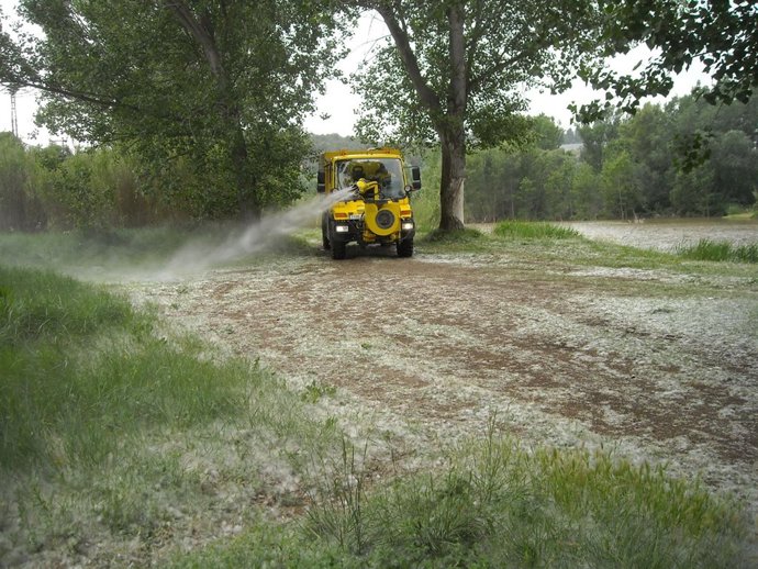 Una máquina tirando agua en un bosque de ribera catalán